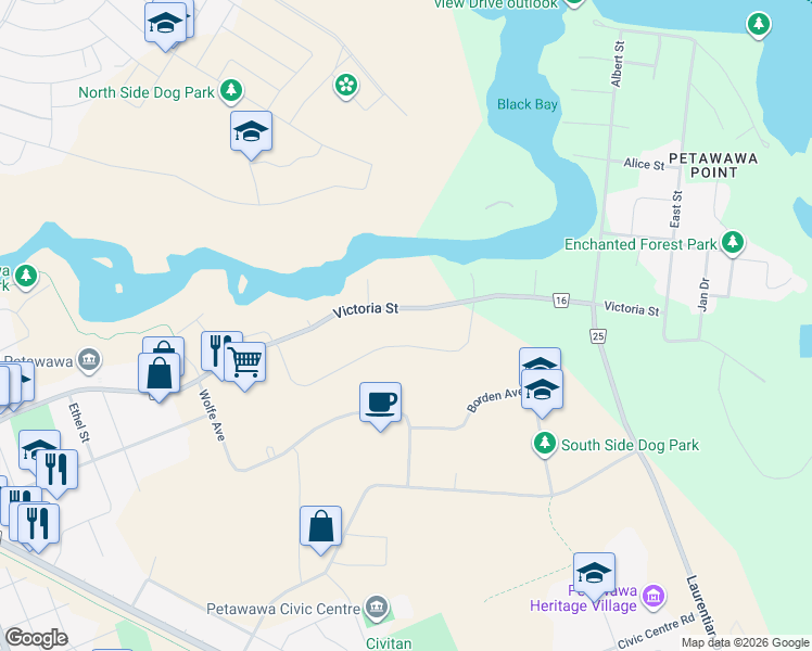 map of restaurants, bars, coffee shops, grocery stores, and more near 1318 Victoria Street in Petawawa