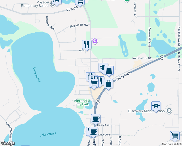 map of restaurants, bars, coffee shops, grocery stores, and more near 1001 North Nokomis Northeast in Alexandria