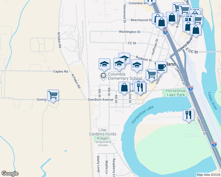 map of restaurants, bars, coffee shops, grocery stores, and more near 560 Bozarth Avenue in Woodland