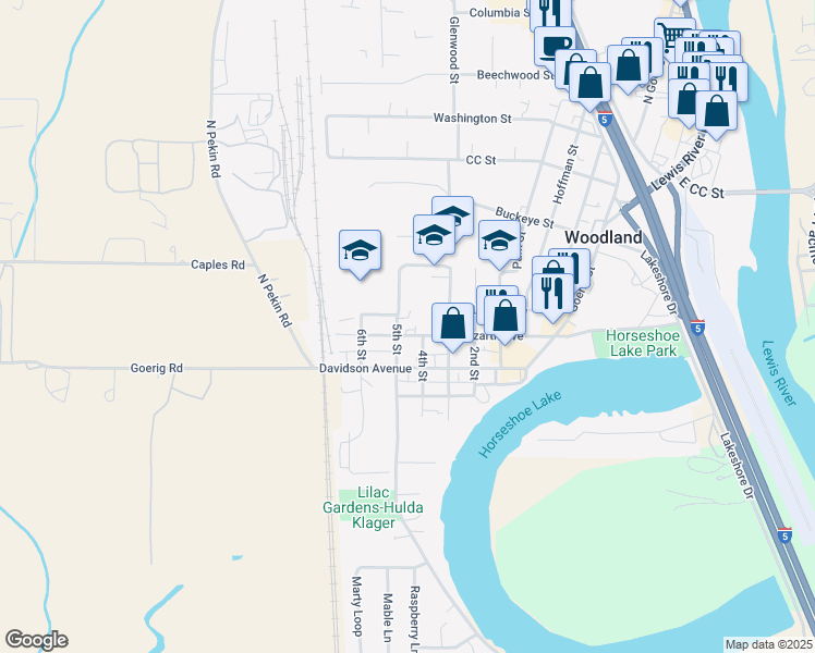 map of restaurants, bars, coffee shops, grocery stores, and more near 526 4th Street in Woodland