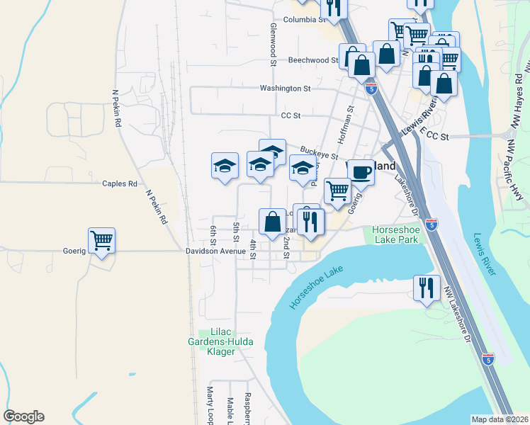 map of restaurants, bars, coffee shops, grocery stores, and more near 707 3rd Street in Woodland