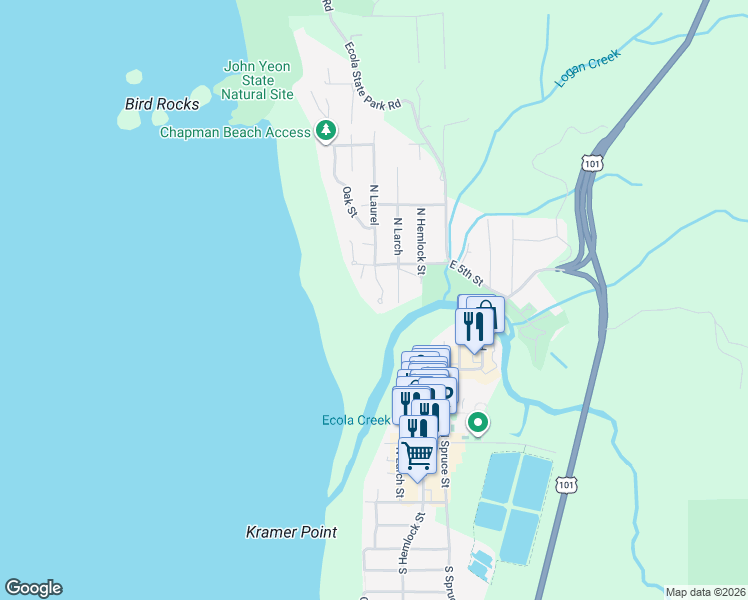 map of restaurants, bars, coffee shops, grocery stores, and more near 353 North Breaker Point Drive in Cannon Beach