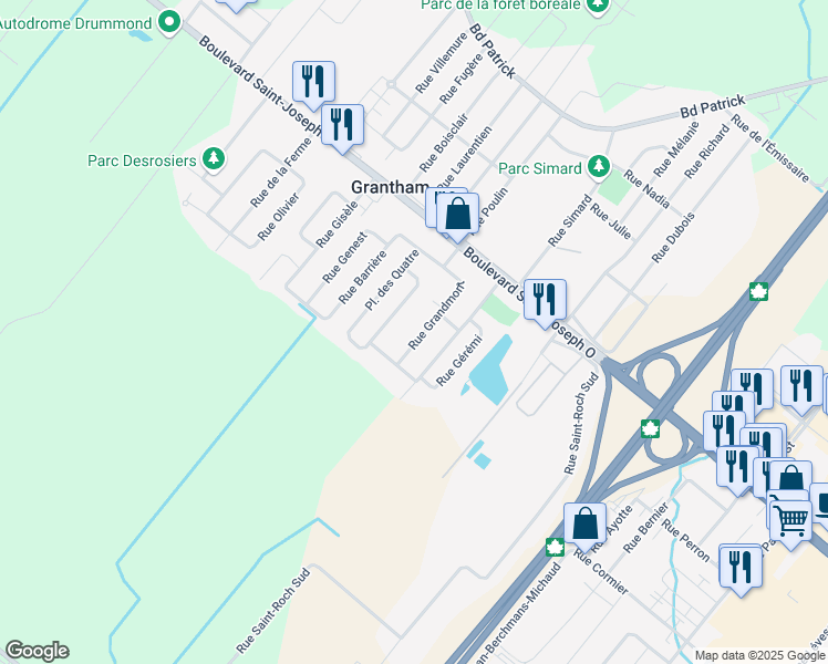 map of restaurants, bars, coffee shops, grocery stores, and more near 5160 Rue Grandmont in Drummondville