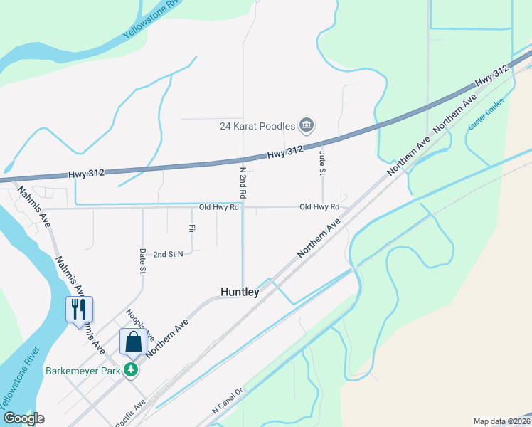 map of restaurants, bars, coffee shops, grocery stores, and more near 207 3rd St N in Huntley