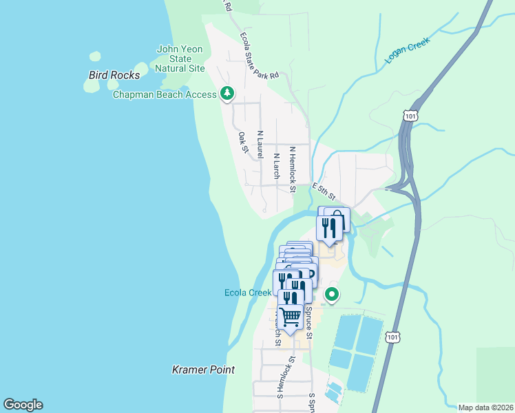 map of restaurants, bars, coffee shops, grocery stores, and more near 101 North Breakers Point Court in Seaside