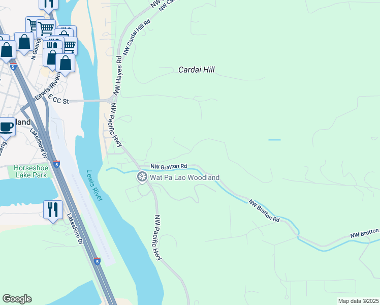 map of restaurants, bars, coffee shops, grocery stores, and more near Northwest 389th Street in Woodland
