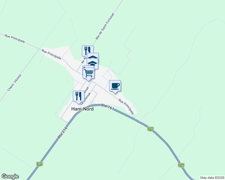 map of restaurants, bars, coffee shops, grocery stores, and more near 240 Rue Principale in Ham-Nord