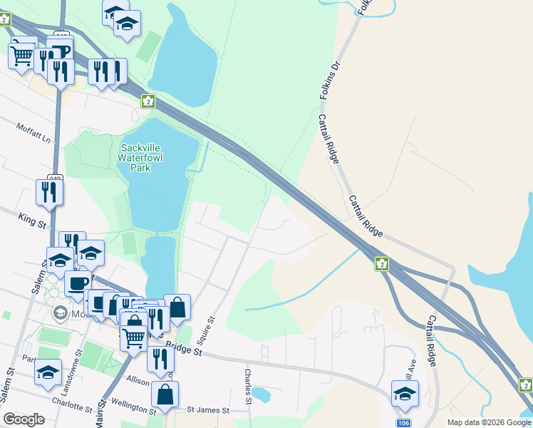 map of restaurants, bars, coffee shops, grocery stores, and more near in Sackville