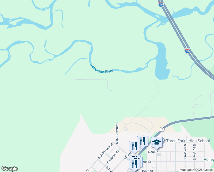 map of restaurants, bars, coffee shops, grocery stores, and more near 423 Jefferson Street North in Three Forks
