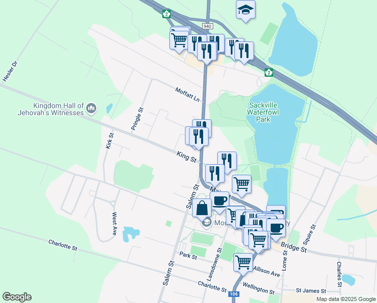 map of restaurants, bars, coffee shops, grocery stores, and more near 7 King Street in Sackville