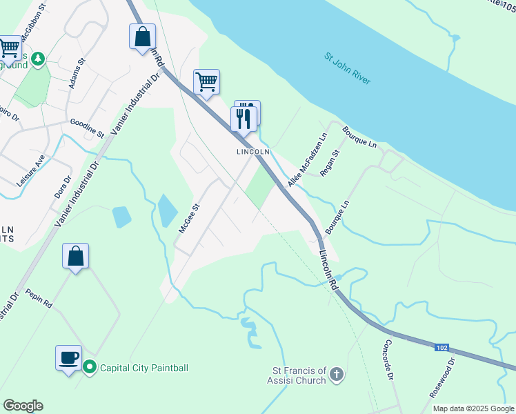 map of restaurants, bars, coffee shops, grocery stores, and more near 1900 Lincoln Road in Fredericton
