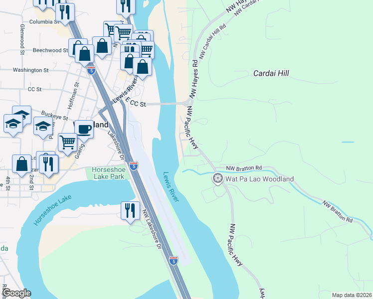 map of restaurants, bars, coffee shops, grocery stores, and more near 39100 Northwest Pacific Highway in Woodland