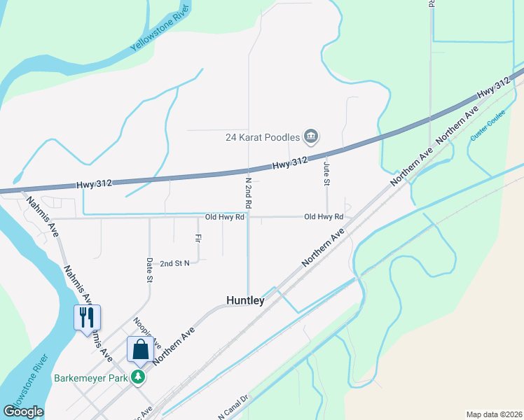 map of restaurants, bars, coffee shops, grocery stores, and more near 207 3rd Street North in Huntley
