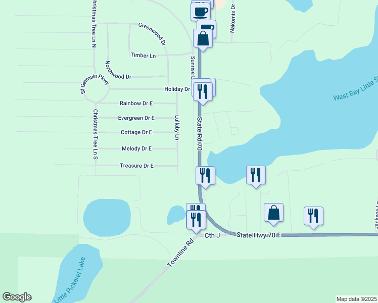 map of restaurants, bars, coffee shops, grocery stores, and more near 157 Sunrise Lane in Saint Germain