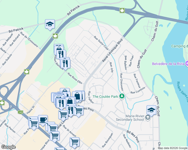 map of restaurants, bars, coffee shops, grocery stores, and more near 320 Rue Paul H Frigon in Drummondville