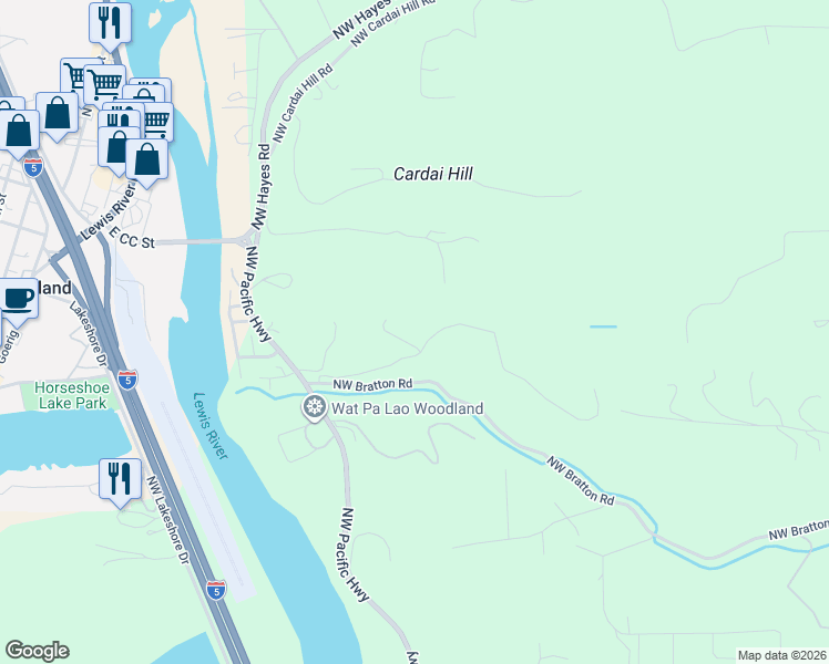 map of restaurants, bars, coffee shops, grocery stores, and more near Northwest 389th Street in Woodland
