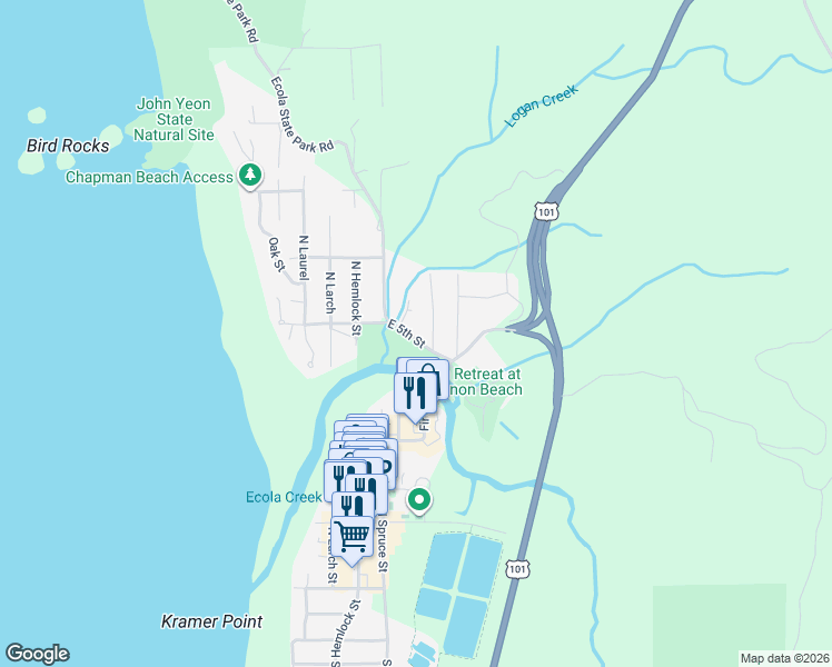 map of restaurants, bars, coffee shops, grocery stores, and more near E 5th St in Cannon Beach