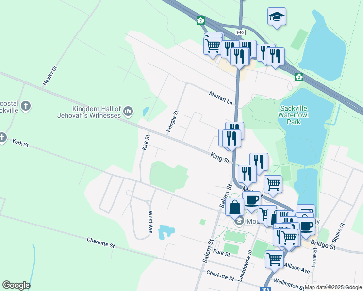 map of restaurants, bars, coffee shops, grocery stores, and more near 36 King Street in Sackville
