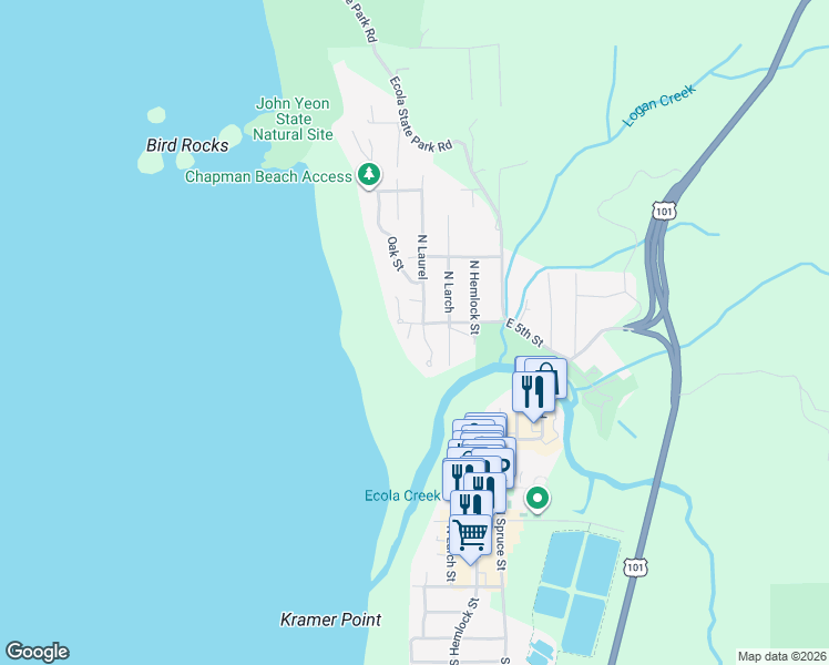 map of restaurants, bars, coffee shops, grocery stores, and more near 101 North Breakers Point Court in Seaside