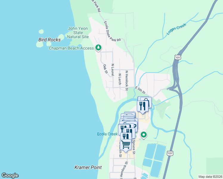 map of restaurants, bars, coffee shops, grocery stores, and more near 103 North Breaker Point Drive in Cannon Beach