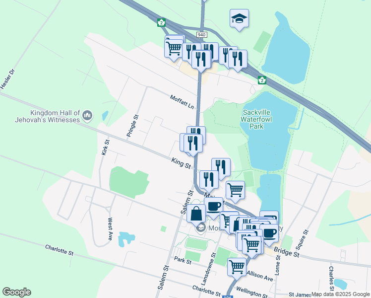 map of restaurants, bars, coffee shops, grocery stores, and more near 174 Main Street in Sackville