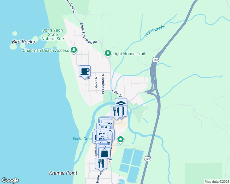 map of restaurants, bars, coffee shops, grocery stores, and more near East 5th Street in Cannon Beach
