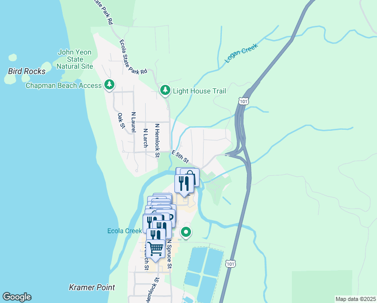 map of restaurants, bars, coffee shops, grocery stores, and more near E 5th St in Cannon Beach