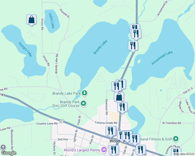 map of restaurants, bars, coffee shops, grocery stores, and more near 2149 Brandy Point Drive in Woodruff
