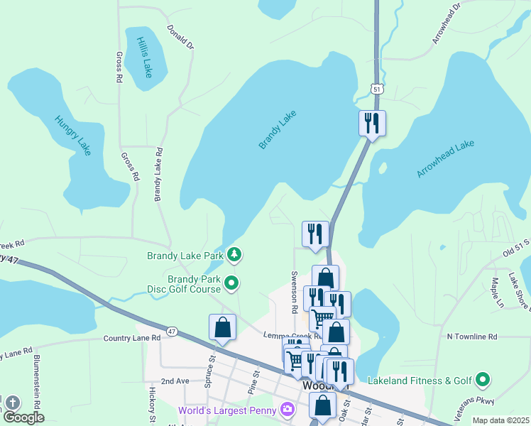map of restaurants, bars, coffee shops, grocery stores, and more near 2149-2437 Brandy Point Drive in Vilas