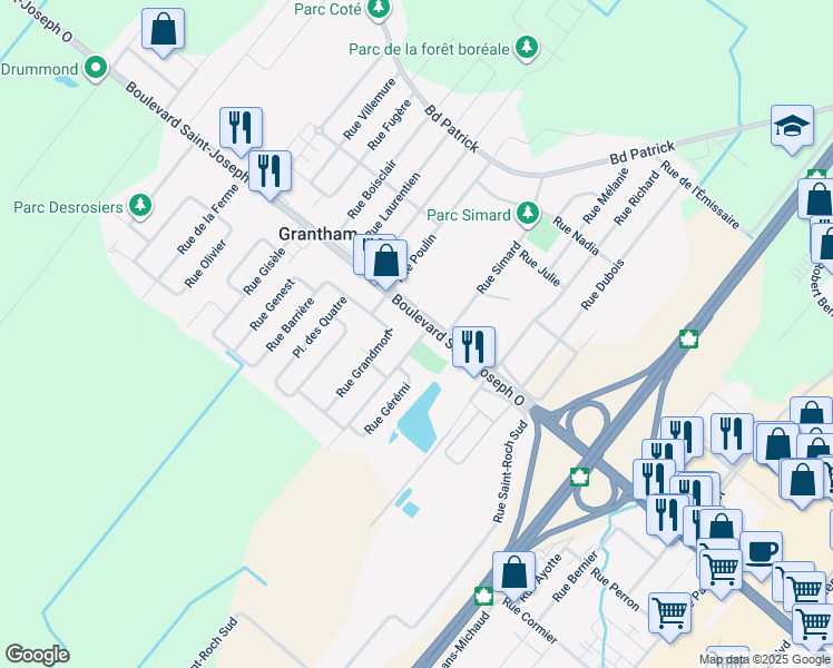 map of restaurants, bars, coffee shops, grocery stores, and more near 5020 Rue Gaudet in Drummondville