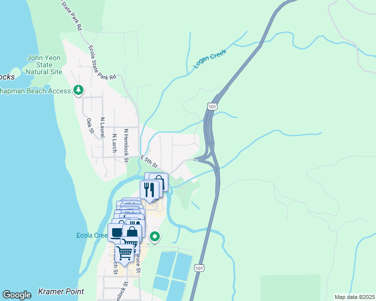 map of restaurants, bars, coffee shops, grocery stores, and more near 648 6th Street in Cannon Beach