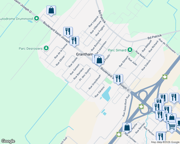 map of restaurants, bars, coffee shops, grocery stores, and more near 84 Place des Quatre in Drummondville