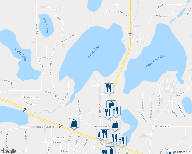 map of restaurants, bars, coffee shops, grocery stores, and more near 398 Brandy Point Drive in Woodruff