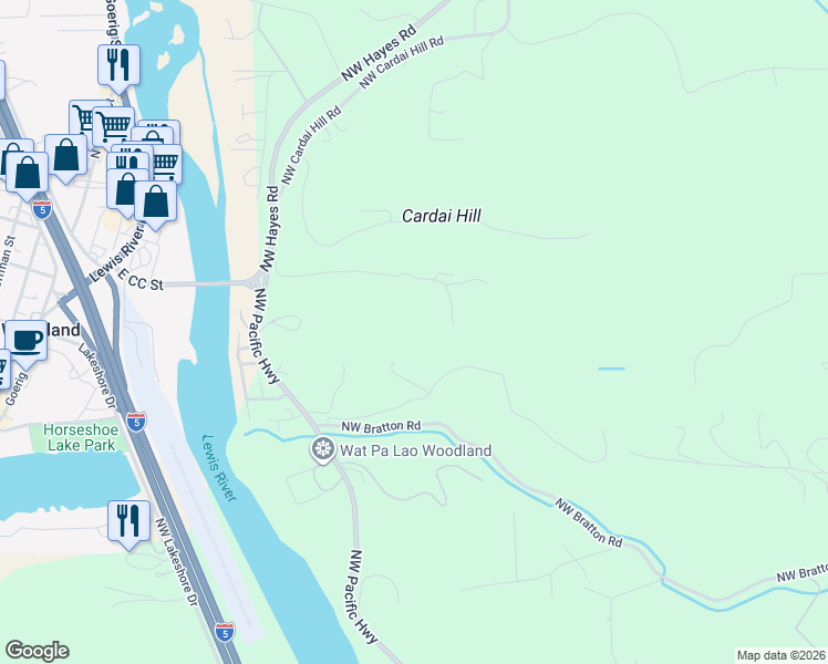 map of restaurants, bars, coffee shops, grocery stores, and more near Northwest 389th Street in Woodland