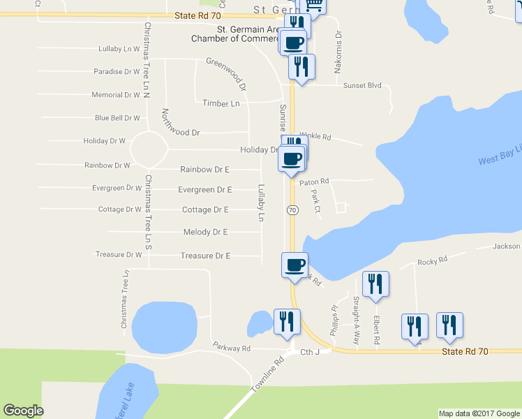 map of restaurants, bars, coffee shops, grocery stores, and more near 8100 Cottage Drive East in Saint Germain