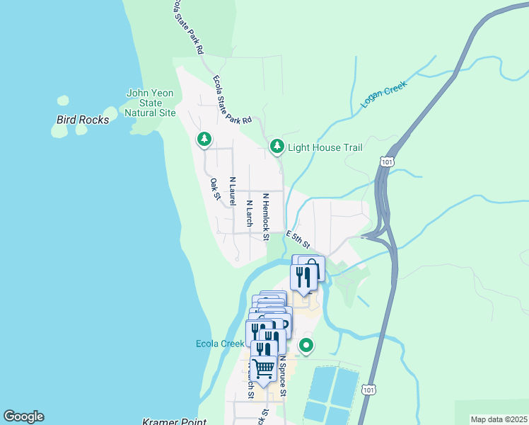 map of restaurants, bars, coffee shops, grocery stores, and more near in Cannon Beach