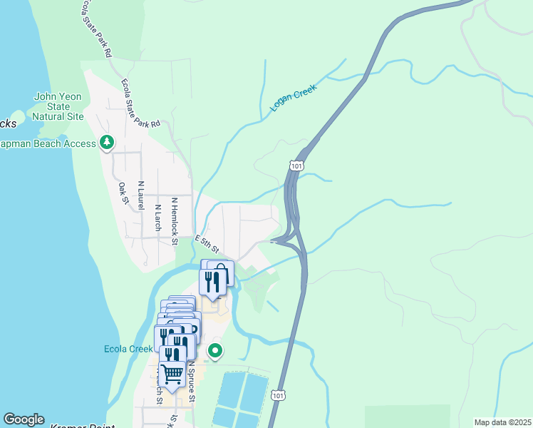 map of restaurants, bars, coffee shops, grocery stores, and more near 648 6th Street in Cannon Beach