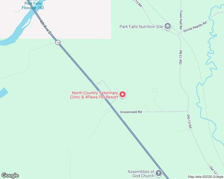 map of restaurants, bars, coffee shops, grocery stores, and more near N14723 Kundinger Road in Park Falls