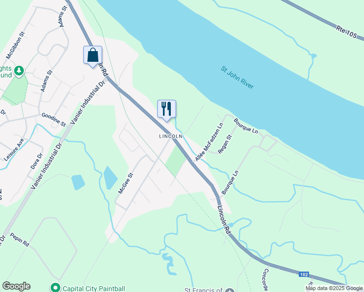 map of restaurants, bars, coffee shops, grocery stores, and more near 1900 Lincoln Road in Fredericton