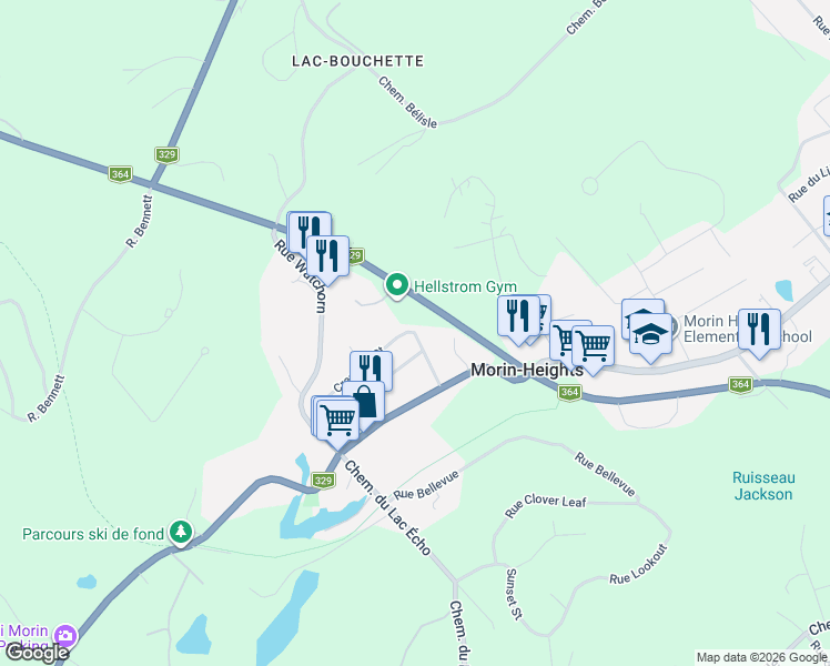 map of restaurants, bars, coffee shops, grocery stores, and more near Rue Hillside in Morin-Heights