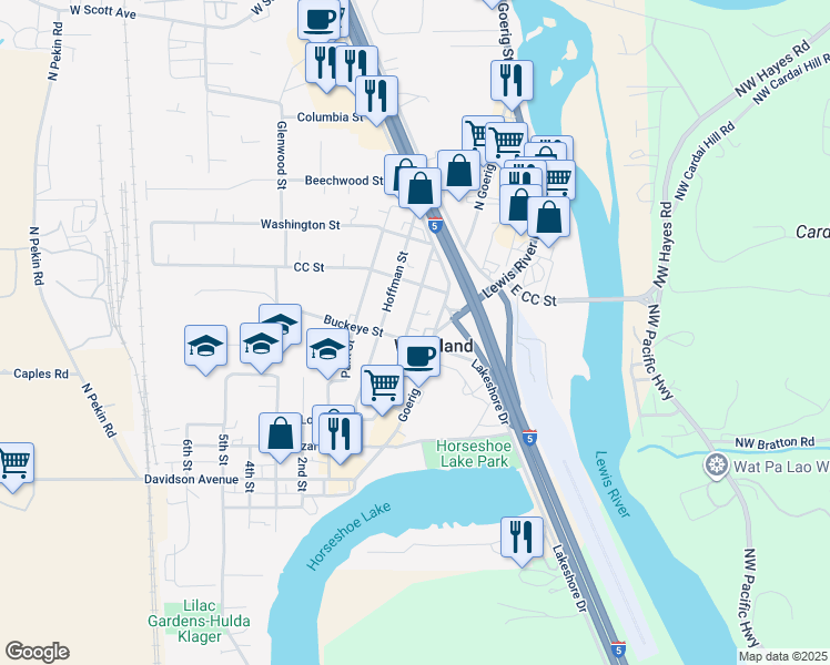 map of restaurants, bars, coffee shops, grocery stores, and more near 129 Buckeye Street in Woodland