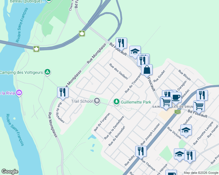 map of restaurants, bars, coffee shops, grocery stores, and more near 860 Rue de la Bayonne in Drummondville