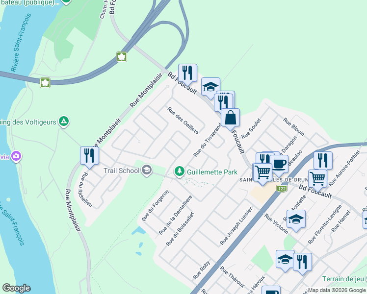 map of restaurants, bars, coffee shops, grocery stores, and more near 820 Rue de la Beaurivage in Drummondville