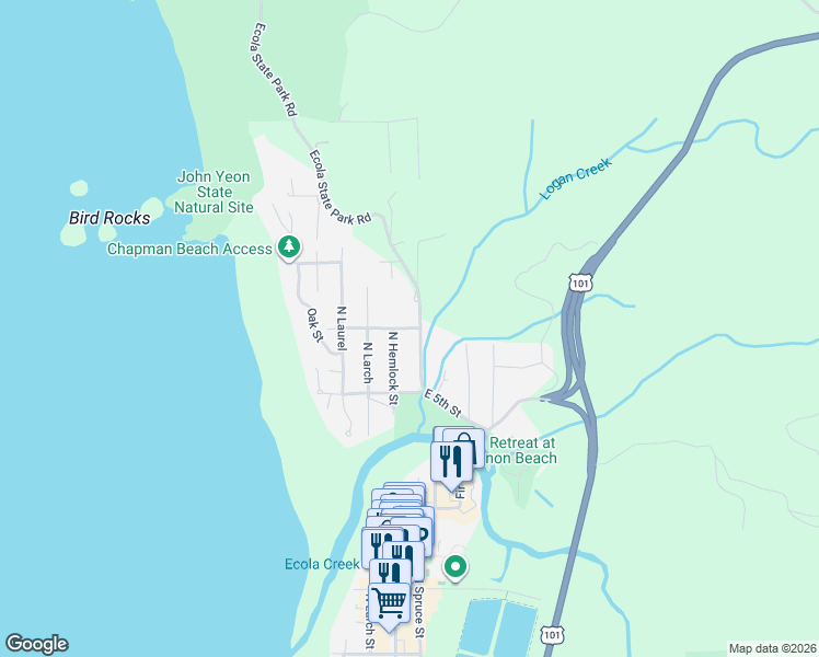 map of restaurants, bars, coffee shops, grocery stores, and more near East 6th Street in Cannon Beach