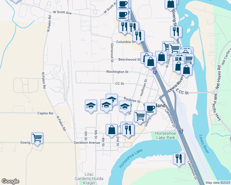 map of restaurants, bars, coffee shops, grocery stores, and more near 552 Buckeye Street in Woodland