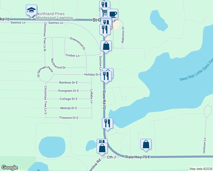 map of restaurants, bars, coffee shops, grocery stores, and more near 212 State Highway 70 East in Saint Germain