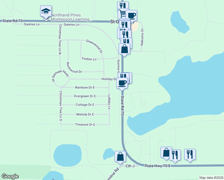 map of restaurants, bars, coffee shops, grocery stores, and more near 213 Sunrise Lane in Saint Germain