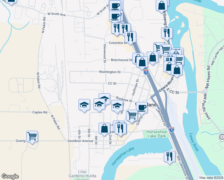 map of restaurants, bars, coffee shops, grocery stores, and more near 486 Buckeye Street in Woodland