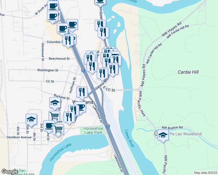 map of restaurants, bars, coffee shops, grocery stores, and more near 1014 A Street in Woodland
