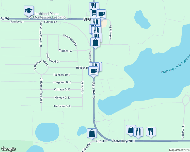 map of restaurants, bars, coffee shops, grocery stores, and more near 212 Sth 70 East in Saint Germain